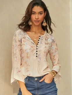 Women's T Shirt Basic Floral Buttons Print 3/4 Length Sleeve Regular Tops Round Neck Holiday Yellow Blue