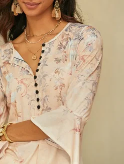 Women's T Shirt Basic Floral Buttons Print 3/4 Length Sleeve Regular Tops Round Neck Holiday Yellow Blue