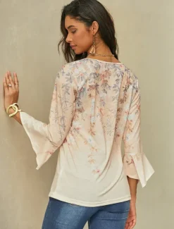 Women's T Shirt Basic Floral Buttons Print 3/4 Length Sleeve Regular Tops Round Neck Holiday Yellow Blue