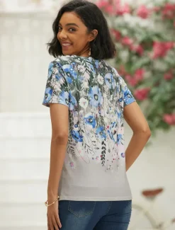Women's T Shirt Basic Floral Print Short Sleeve Regular Tops V Neck Holiday Weekend Pink Blue Green