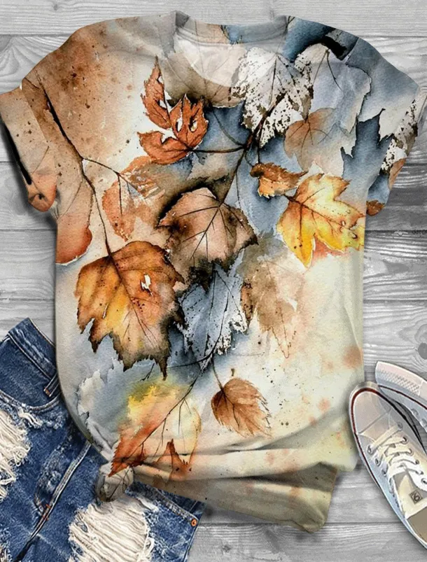 Women's T Shirt Basic Leaf Print Short Sleeve Regular Tops Round Neck Daily Weekend Pink Red Blue Purple Orange