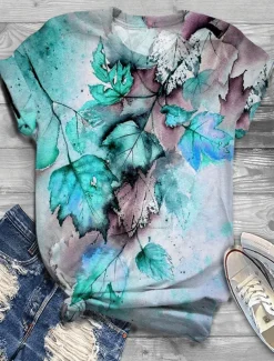 Women's T Shirt Basic Leaf Print Short Sleeve Regular Tops Round Neck Daily Weekend Pink Red Blue Purple Orange