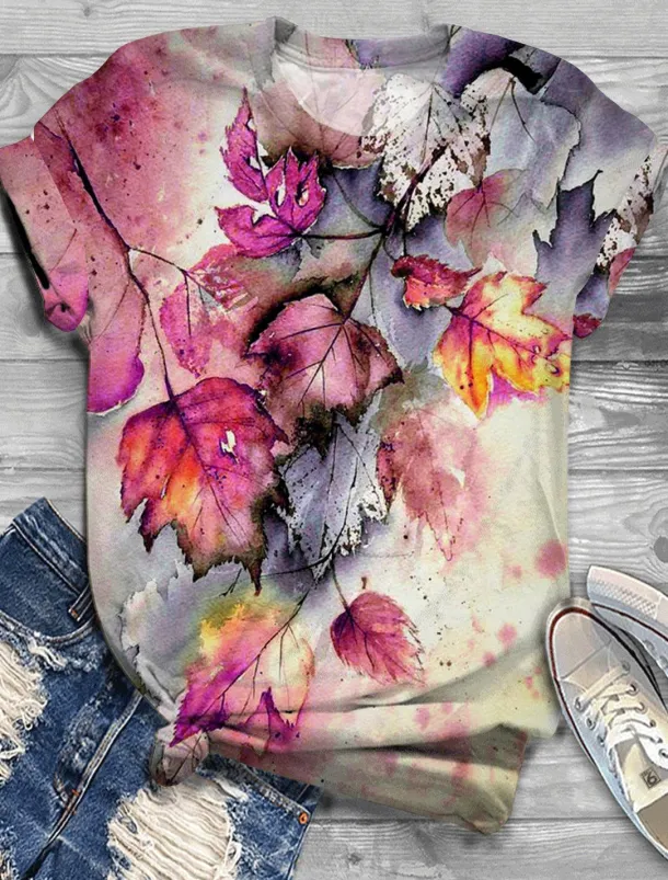 Women's T Shirt Basic Leaf Print Short Sleeve Regular Tops Round Neck Daily Weekend Pink Red Blue Purple Orange
