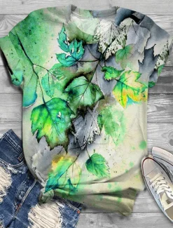 Women's T Shirt Basic Leaf Print Short Sleeve Regular Tops Round Neck Daily Weekend Pink Red Blue Purple Orange