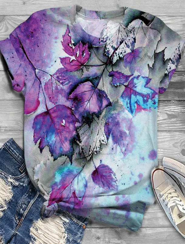 Women's T Shirt Basic Leaf Print Short Sleeve Regular Tops Round Neck Daily Weekend Pink Red Blue Purple Orange