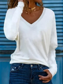 Women's T Shirt Basic Patchwork Flutter Sleeve Long Sleeve Regular Tops V Neck Daily Sports Black White Red Green Cross-Seasons