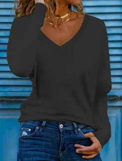 Women's T Shirt Basic Patchwork Flutter Sleeve Long Sleeve Regular Tops V Neck Daily Sports Black White Red Green Cross-Seasons