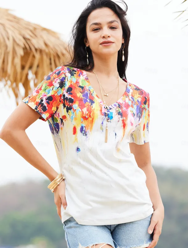 Women's T Shirt Basic Print Short Sleeve Regular Tops V Neck Daily Weekend Yellow Light Green Red Green