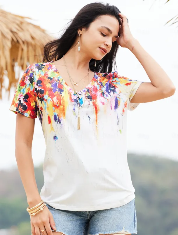 Women's T Shirt Basic Print Short Sleeve Regular Tops V Neck Daily Weekend Yellow Light Green Red Green