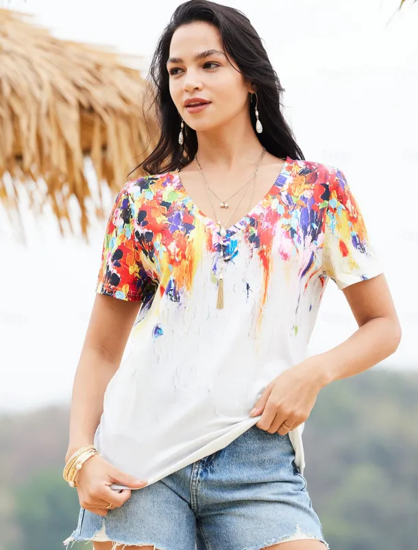 Women's T Shirt Basic Print Short Sleeve Regular Tops V Neck Daily Weekend Yellow Light Green Red Green