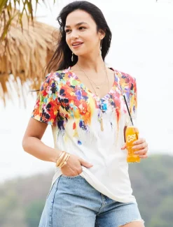 Women's T Shirt Basic Print Short Sleeve Regular Tops V Neck Daily Weekend Yellow Light Green Red Green