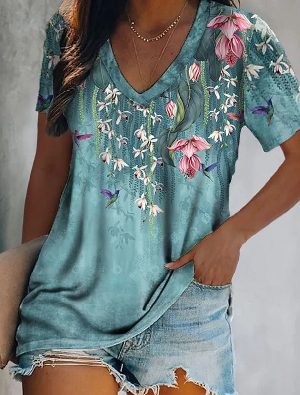 Women's T Shirt Basic Print Short Sleeve Regular Tops V Neck Daily Weekend Yellow Light Green Red Green