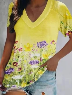 Women's T Shirt Basic Print Short Sleeve Regular Tops V Neck Daily Weekend Yellow Light Green Red Green