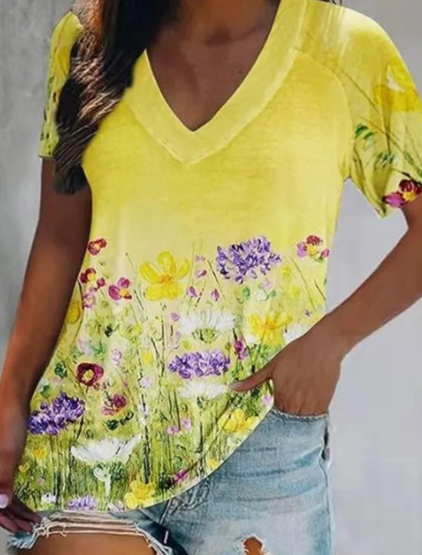 Women's T Shirt Basic Print Short Sleeve Regular Tops V Neck Daily Weekend Yellow Light Green Red Green
