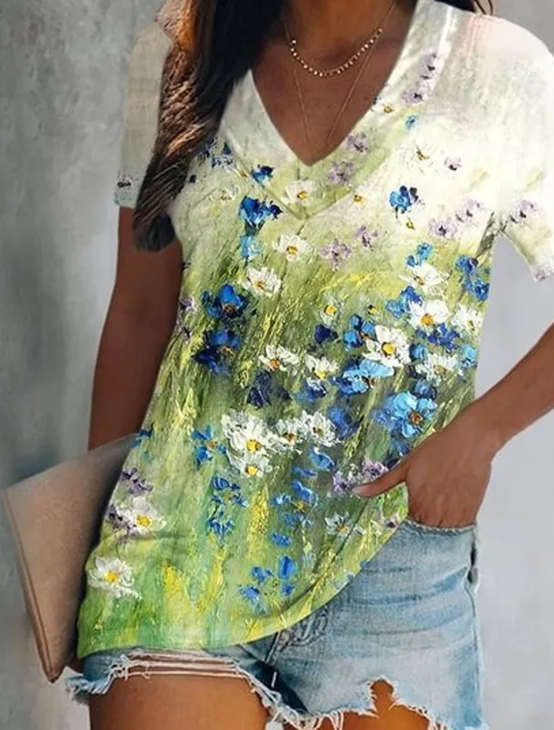 Women's T Shirt Basic Print Short Sleeve Regular Tops V Neck Daily Weekend Yellow Light Green Red Green