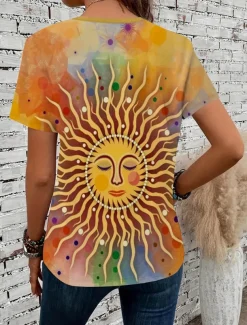 Women's T Shirt Bohemia Vintage Print Short Sleeve Regular Tops V Neck Vacation Daily Yellow Summer