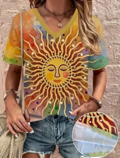 Women's T Shirt Bohemia Vintage Print Short Sleeve Regular Tops V Neck Vacation Daily Yellow Summer