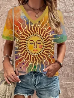 Women's T Shirt Bohemia Vintage Print Short Sleeve Regular Tops V Neck Vacation Daily Yellow Summer