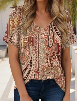 Women's T Shirt Boho Blouse Graphic Geometric Paisley Bohemia Vintage Casual Short Sleeve V Neck Regular Tops Daily Weekend Beach Wear Print Red Blue Orange Summer
