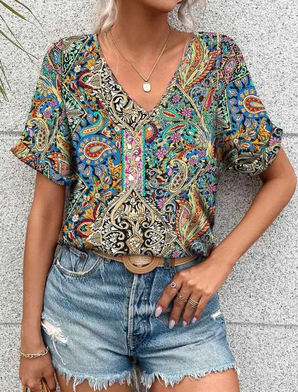 Women's T Shirt Boho Blouse Paisley Print V-Neck Short Sleeve Casual Loose Fit Multicolor Lightweight Summer Top