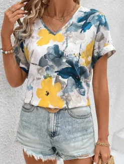 Women's T Shirt Boho Blouse Paisley Print V-Neck Short Sleeve Casual Loose Fit Multicolor Lightweight Summer Top