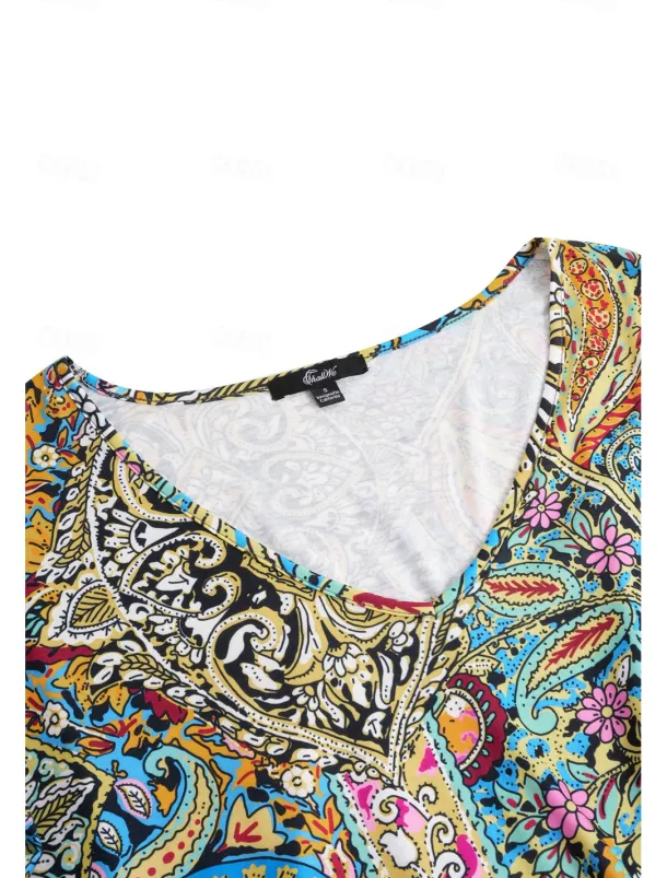 Women's T Shirt Boho Blouse Paisley Print V-Neck Short Sleeve Casual Loose Fit Multicolor Lightweight Summer Top