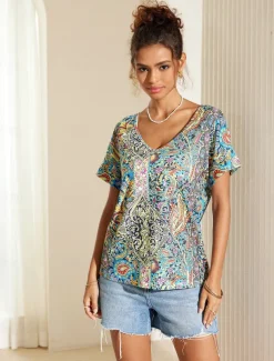 Women's T Shirt Boho Blouse Paisley Print V-Neck Short Sleeve Casual Loose Fit Multicolor Lightweight Summer Top
