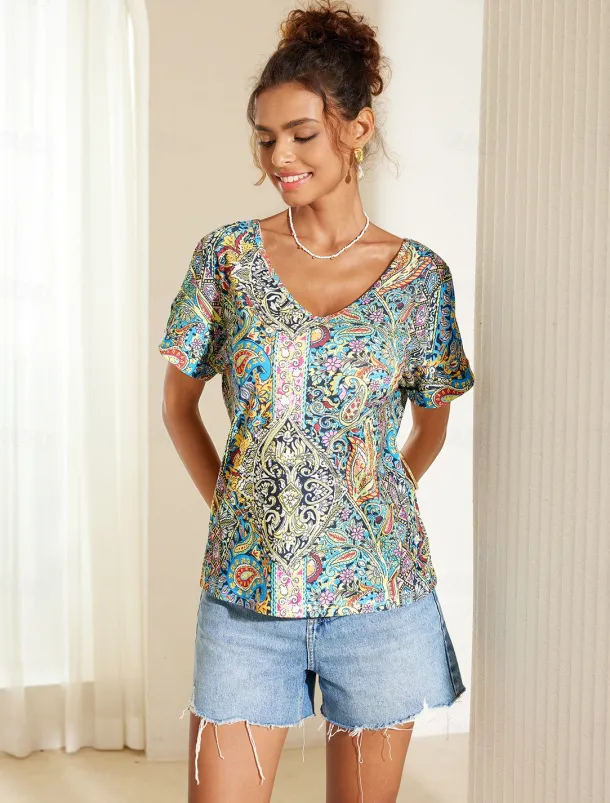 Women's T Shirt Boho Blouse Paisley Print V-Neck Short Sleeve Casual Loose Fit Multicolor Lightweight Summer Top