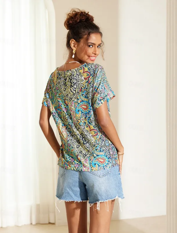 Women's T Shirt Boho Blouse Paisley Print V-Neck Short Sleeve Casual Loose Fit Multicolor Lightweight Summer Top