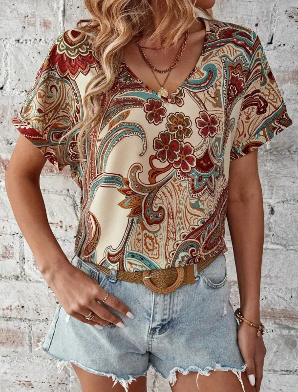 Women's T Shirt Boho Blouse Paisley Print V-Neck Short Sleeve Casual Loose Fit Multicolor Lightweight Summer Top