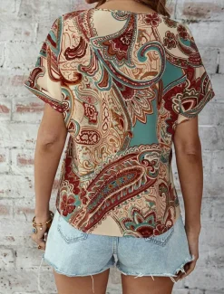 Women's T Shirt Boho Blouse Paisley Print V-Neck Short Sleeve Casual Loose Fit Multicolor Lightweight Summer Top