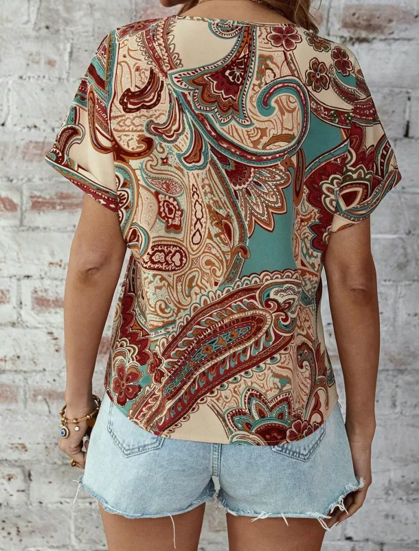 Women's T Shirt Boho Blouse Paisley Print V-Neck Short Sleeve Casual Loose Fit Multicolor Lightweight Summer Top