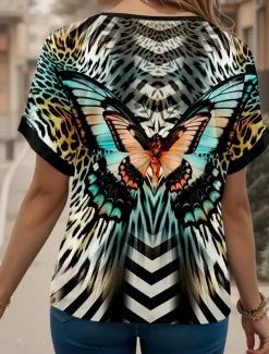 Women's T Shirt Butterfly Casual Short Sleeve V Neck Regular Tops Daily Weekend Print Blue Summer Spring