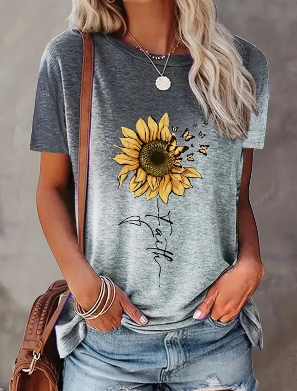 Women's T Shirt Casual Print Short Sleeve Regular Tops Daily Purple Green Gray Summer