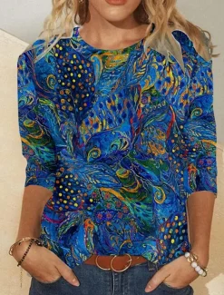 Women's T Shirt Casual Print Regular Tops Daily Blue Spring Fall