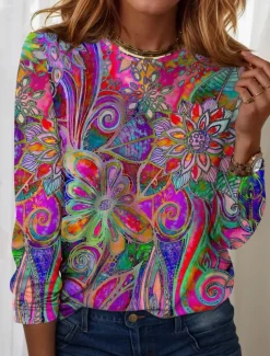 Women's T Shirt Casual Print Regular Tops Daily Blue Sky Blue Spring Fall