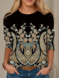 Women's T Shirt Casual Print Regular Tops Daily Black White Dusty Rose Purple Spring Fall