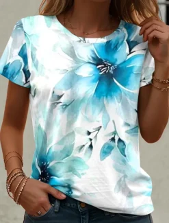 Women's T Shirt Casual Print Short Sleeve Regular Tops Daily Blue Summer