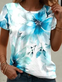 Women's T Shirt Casual Print Short Sleeve Regular Tops Daily Blue Summer