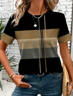 Women's T Shirt Casual Striped Print Short Sleeve Regular Tops Round Neck Daily Green Summer