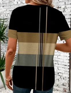 Women's T Shirt Casual Striped Print Short Sleeve Regular Tops Round Neck Daily Green Summer