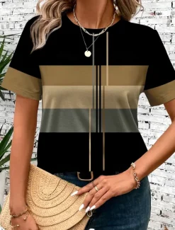 Women's T Shirt Casual Striped Print Short Sleeve Regular Tops Round Neck Daily Green Summer