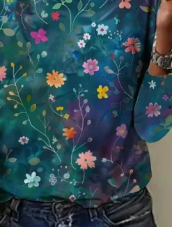 Women's T shirt Crew Neck Long Sleeve Tunic Floral Graphic Casual Regular Tops Daily Print Blue Spring Fall