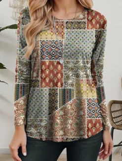 Women's T shirt Crew Neck Long Sleeve Tunic Graphic Geometric Casual Regular Tops Daily Print Sage Green Spring Fall
