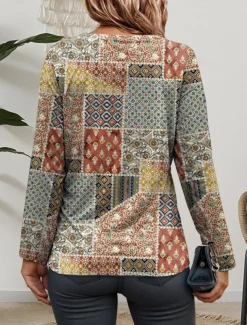 Women's T shirt Crew Neck Long Sleeve Tunic Graphic Geometric Casual Regular Tops Daily Print Sage Green Spring Fall