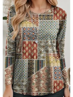 Women's T shirt Crew Neck Long Sleeve Tunic Graphic Geometric Casual Regular Tops Daily Print Sage Green Spring Fall