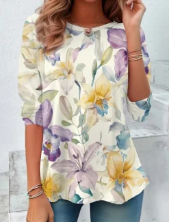 Women's T shirt Crew Neck Long Sleeve Tunic Floral Casual Regular Tops Daily Print White Spring Fall