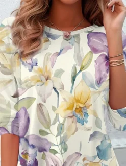 Women's T shirt Crew Neck Long Sleeve Tunic Floral Casual Regular Tops Daily Print White Spring Fall