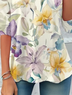 Women's T shirt Crew Neck Long Sleeve Tunic Floral Casual Regular Tops Daily Print White Spring Fall