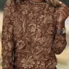 Women's T shirt Crew Neck Long Sleeve Tunic Floral Elegant Vintage Regular Tops Daily Going out Weekend Print Brown